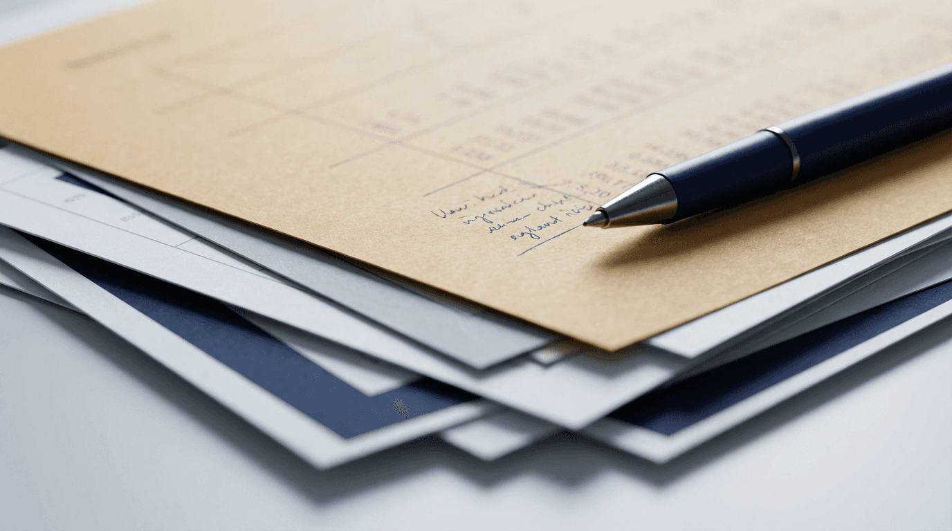 Person studying a paper financial report under a desk lamp