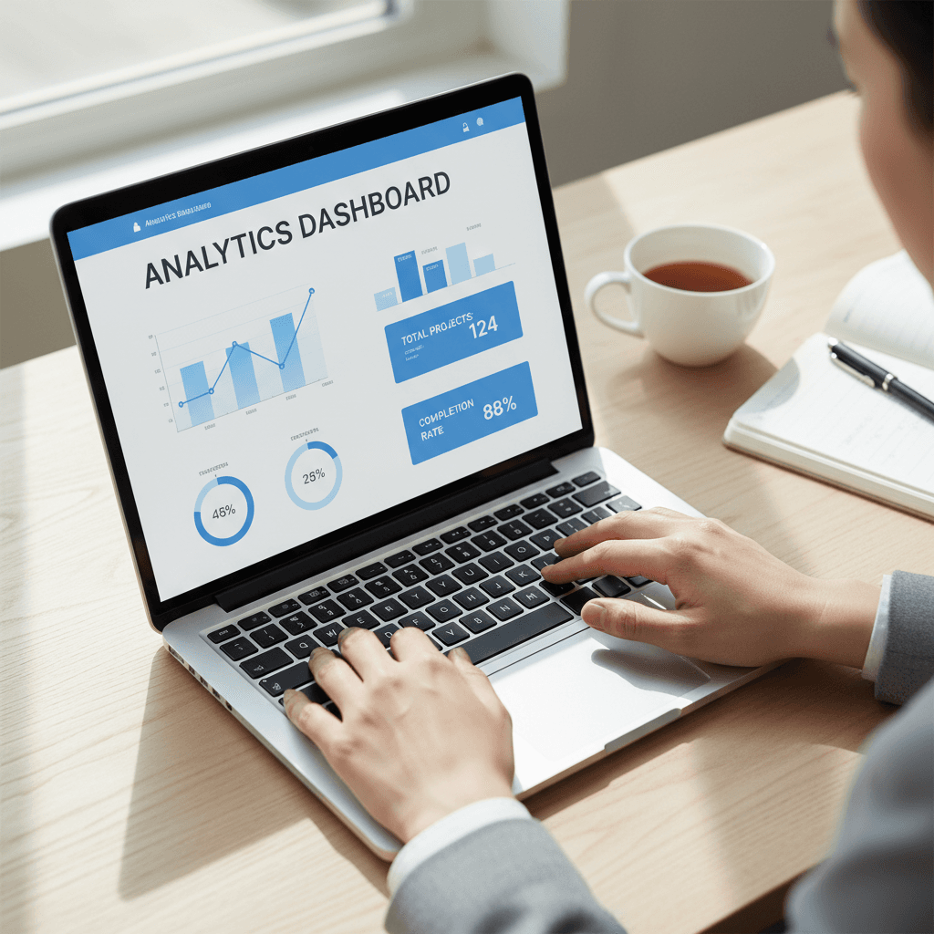 Hands typing on a laptop with a data import screen visible