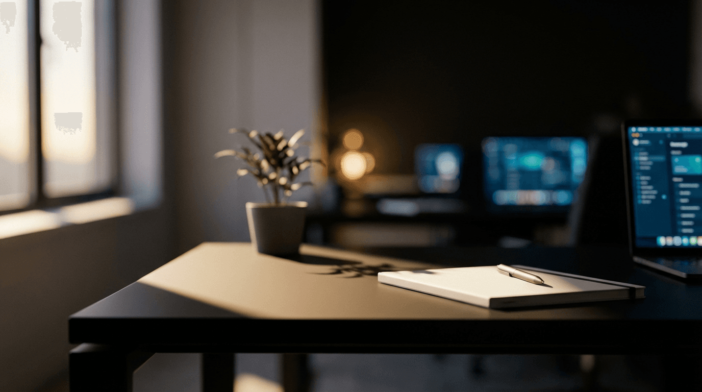 Minimalist desk with laptop and blurred data dashboard in dim office